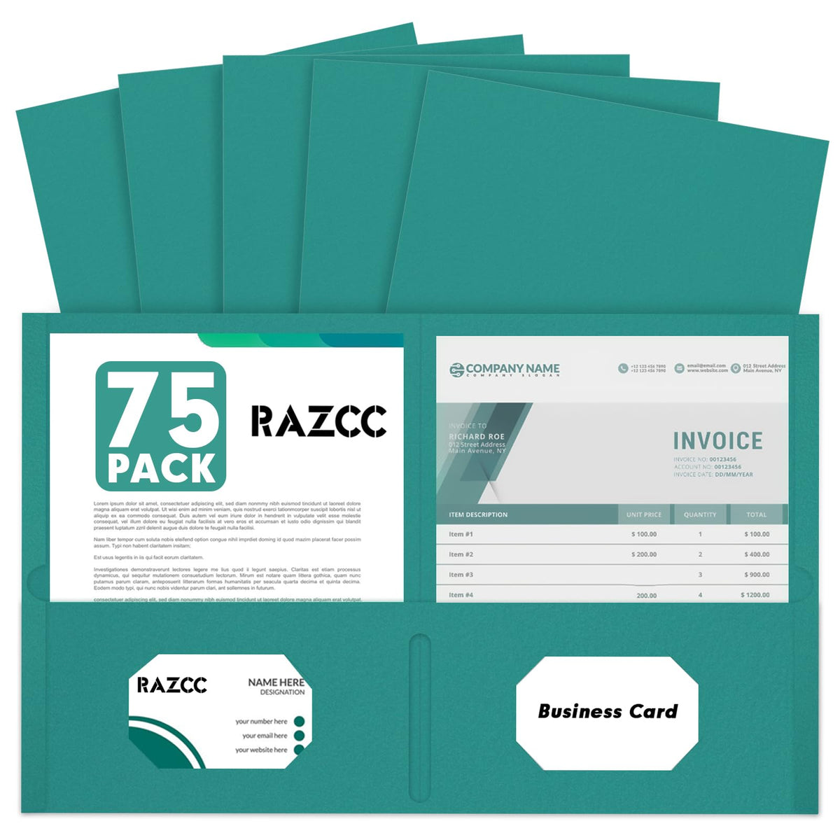 RAZCC Two Pocket Folders, 75 Pack, Letter Size, Black Folders with Pockets