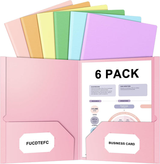 6 Pack Folders with Pockets, Pastel Color Cute Pocket Folders Paper Classic