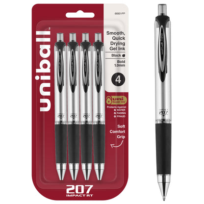 uni-ball Signo 207 Impact Stick Gel Pen, 4 Black Pens, 1.0mm Bold Point Gel Pens, Smooth Writing, Archival-Quality Ink, Acid-Free, Superior Comfort