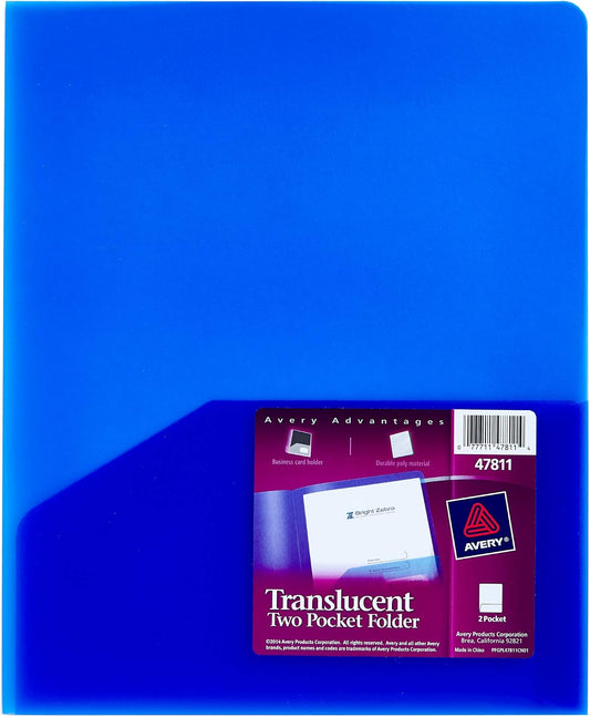 Avery® Translucent Two Pocket Folder, Water Resistant, Holds up to 20 Sheets, 1 Blue Folder (47811)