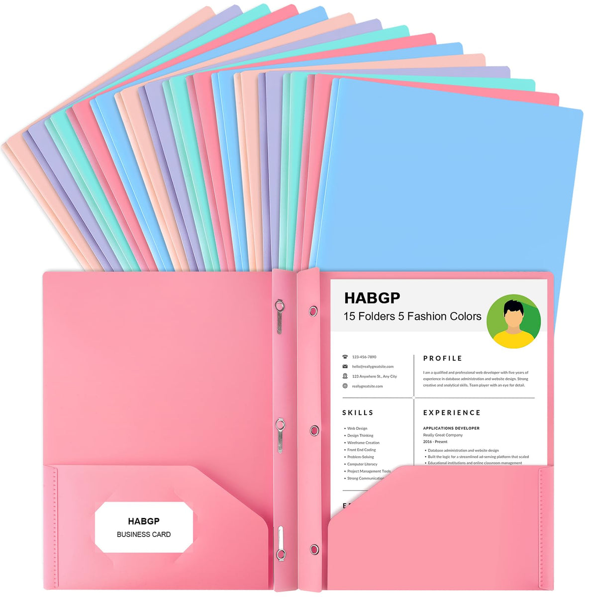 2 Pocket Folder with Prongs (5 Pack, Pastel), Plastic Folders with Pockets