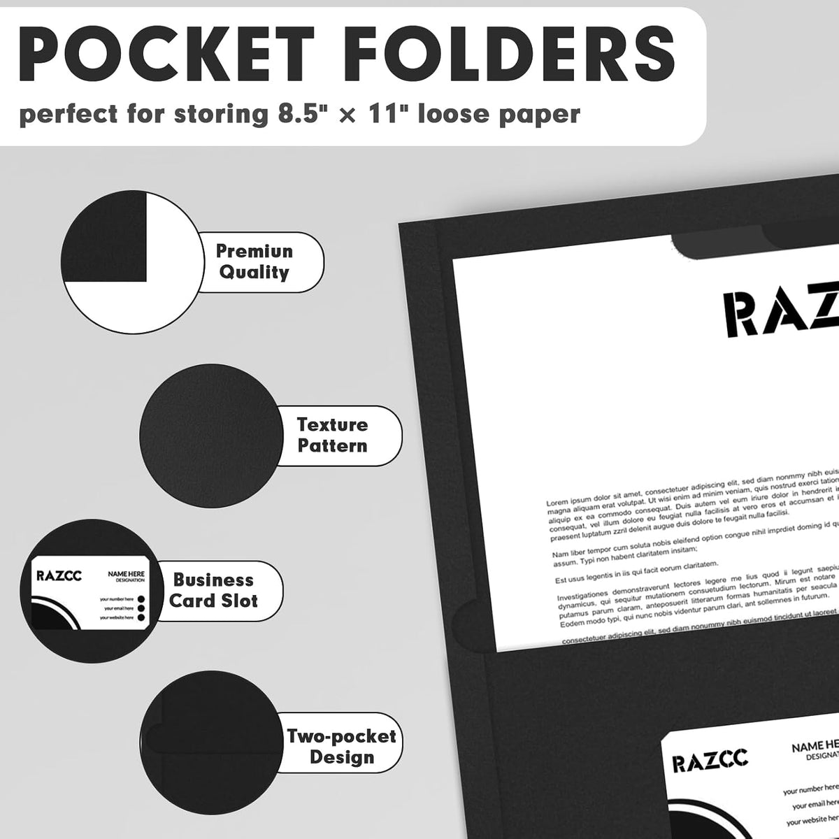 RAZCC Two Pocket Folders, 75 Pack, Letter Size, Black Folders with Pockets