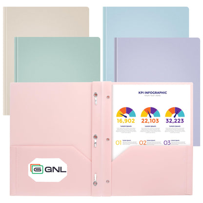 GNL Plastic Folders with Pockets and Prong, Pack of 5, Muted Pastel Colors, Heavy Duty 2 Pocket File Folders Letter Size, Folders with Prongs for School, Home, and Office