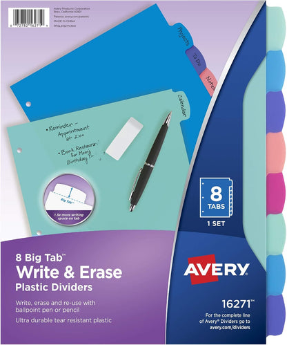 Avery Big Tab Write & Erase Dividers, 8-Tab, Pastel, 1 Set