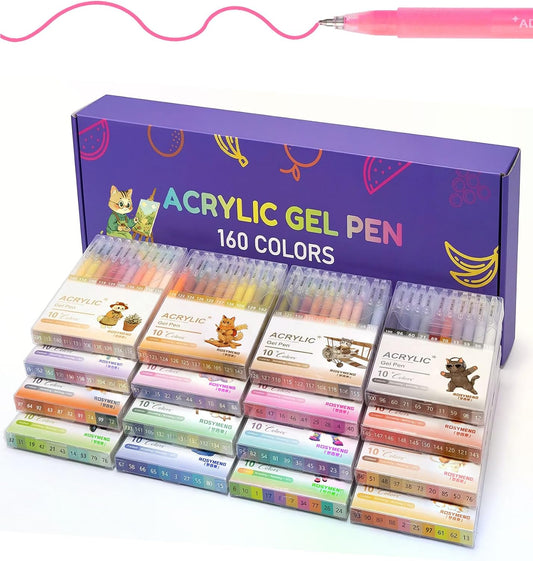 ROSYMENG Acrylic Gel Pens for Coloring 160 Colors, Ultra‑Smooth 1.0mm Tip