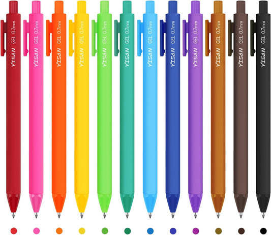 YISAN Colored Gel Pens,12 Colors,0.7mm Fine Point,Fast Dry,No Bleed
