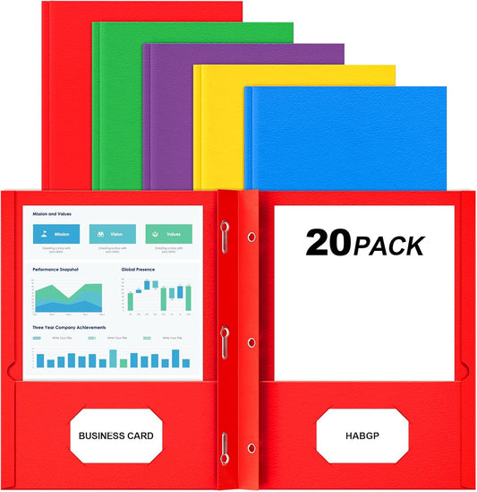 2 Pocket Folders with Prongs, 20 Pack Paper Folders with Pockets & 3 Prongs
