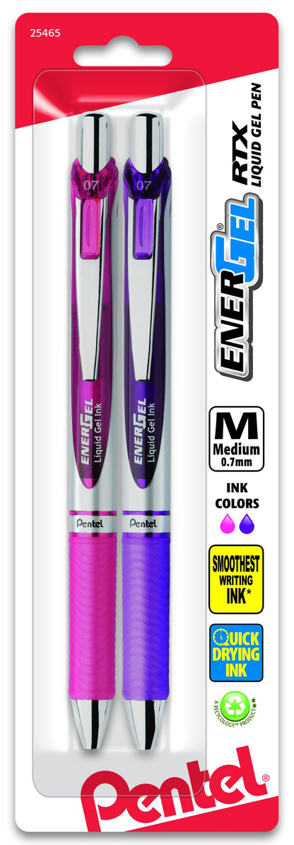 Pentel EnerGel Deluxe RTX Retractable Liquid Gel Pen, 0.7mm, Metal Tip, Blue Ink, 2 Pack (BL77BP2C)