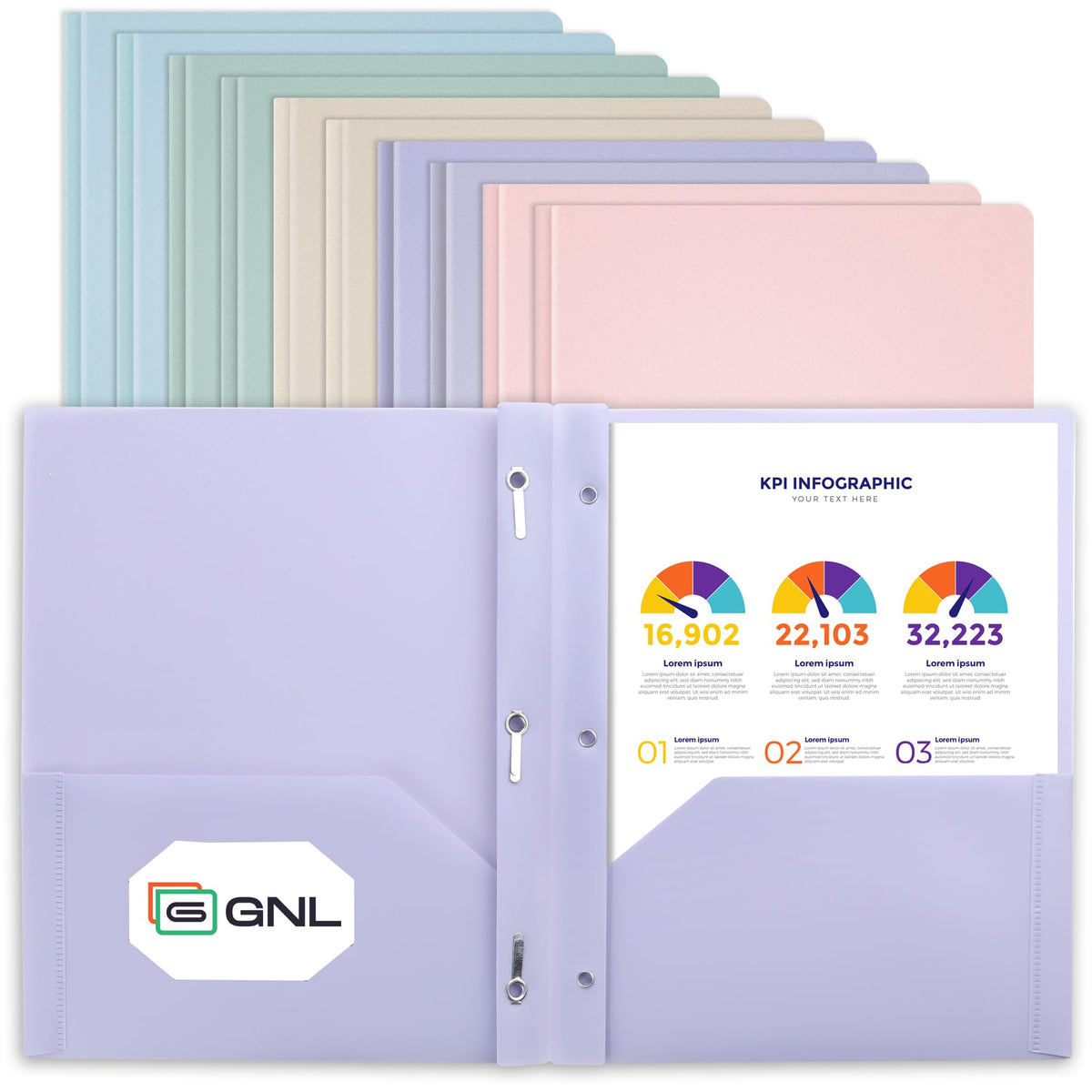 GNL Plastic Folders with Pockets and Prong, Pack of 5, Muted Pastel Colors, Heavy Duty 2 Pocket File Folders Letter Size, Folders with Prongs for School, Home, and Office