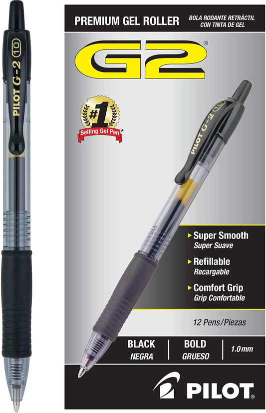 PILOT, G2 Premium Gel Roller Pens, Bold Point 1 mm, Pack of 12, Black