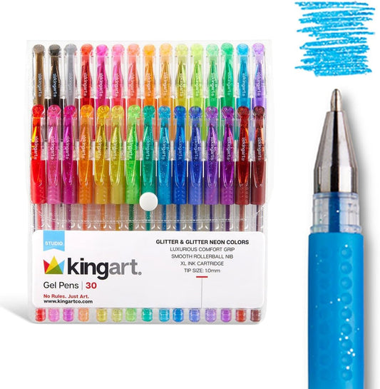 KINGART 400-30 Comfort Grip Gel Pens, Set of 30 Unique Glitter Colors
