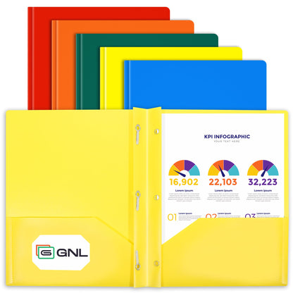 GNL Plastic Folders with Pockets and Prong, Pack of 5, Muted Pastel Colors, Heavy Duty 2 Pocket File Folders Letter Size, Folders with Prongs for School, Home, and Office