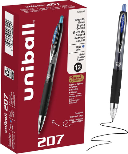 uniball™ 207 Gel Pens, Blue Ink, 1.0mm Bold Point, Retractable, 12 Count