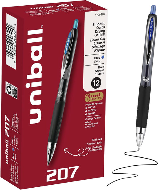 uniball™ 207 Gel Pens, Blue Ink, 1.0mm Bold Point, Retractable, 12 Count