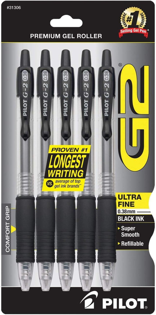 PILOT G2 Premium Retractable Rolling Ball Black Gel Pens, .38mm, 5-Pack
