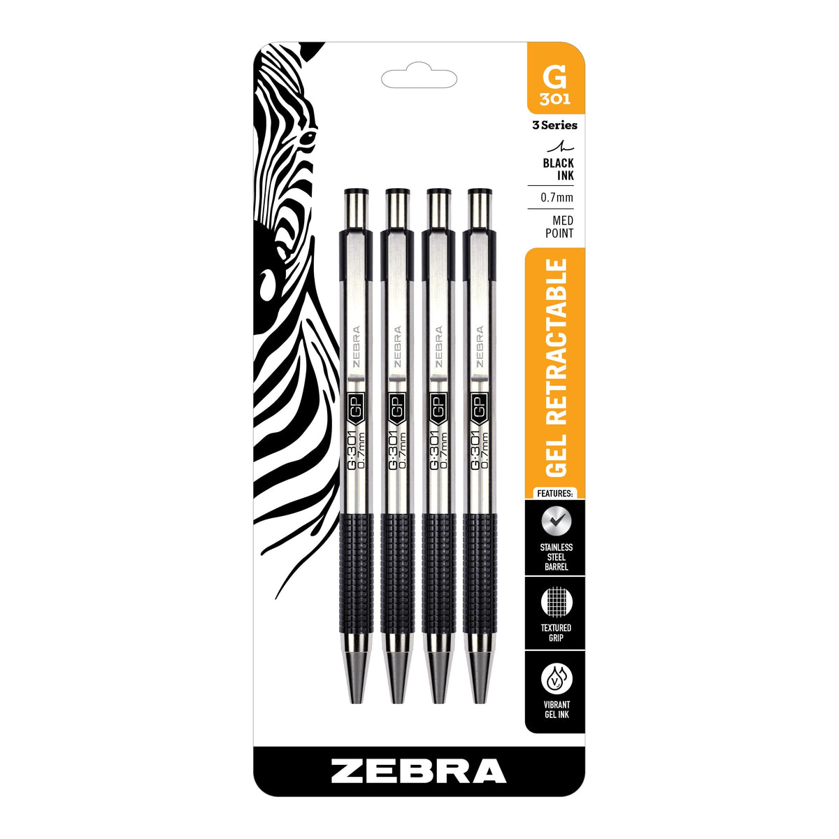 Zebra Pen STEEL G-301 Retractable Gel Pen, Black Ink, 0.7mm, 12-Pack