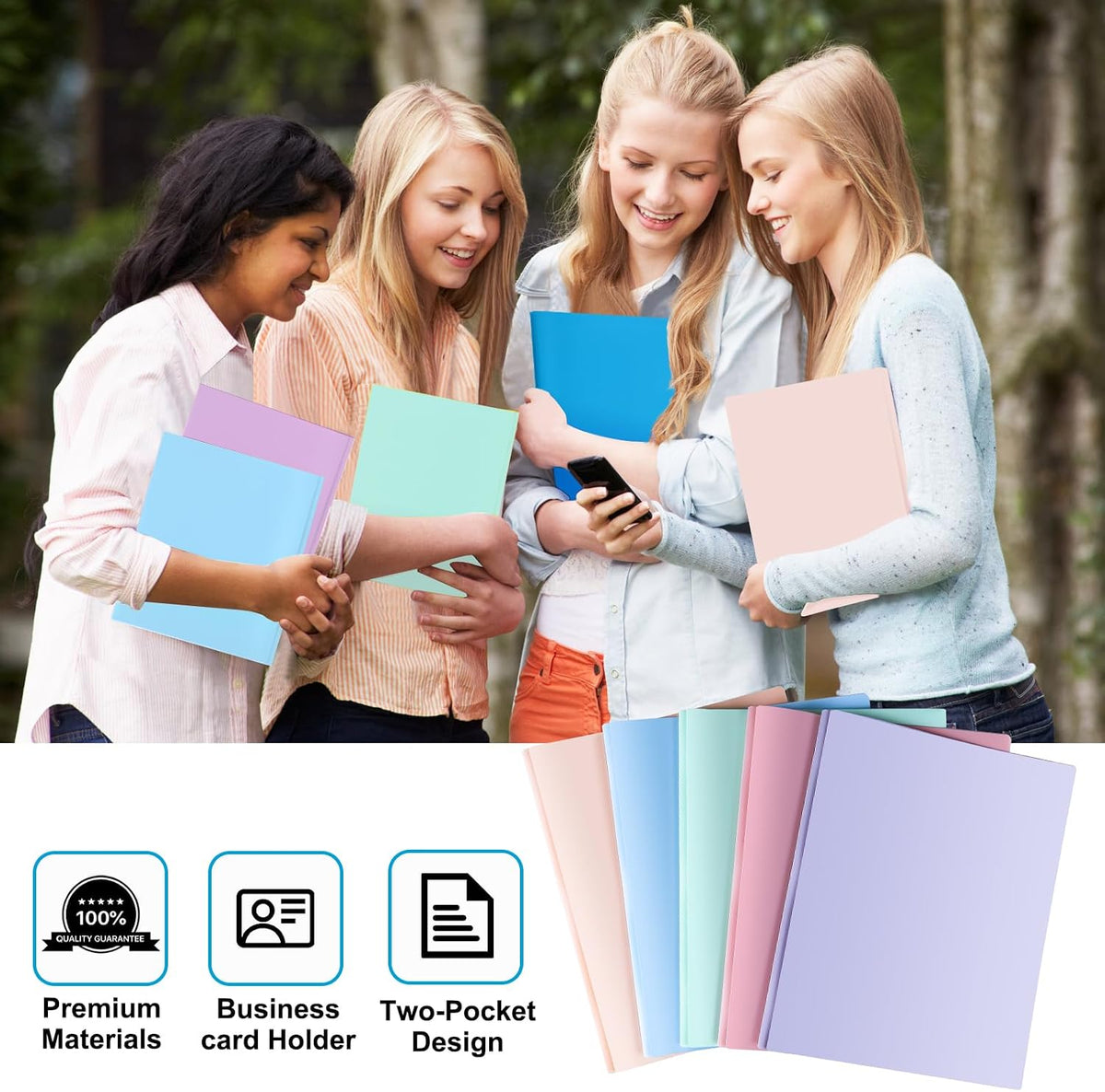 2 Pocket Folder with Prongs (5 Pack, Pastel), Plastic Folders with Pockets