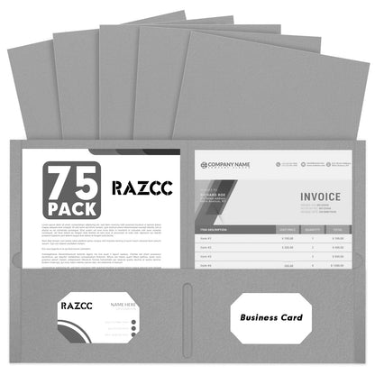 RAZCC Two Pocket Folders, 75 Pack, Letter Size, Black Folders with Pockets