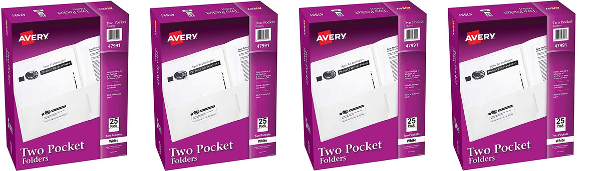 Avery® Two Pocket Folders, Holds up to 40 Sheets, Business Card Slot, 25 White Folders (47991)