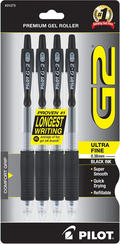 PILOT G2 Premium Retractable Rolling Ball Black Gel Pens, .38mm, 5-Pack