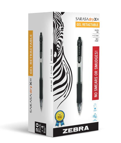 Zebra Pen SARASA X20 Retractable Gel Pen, Black Ink, 0.7mm, 12-Pack