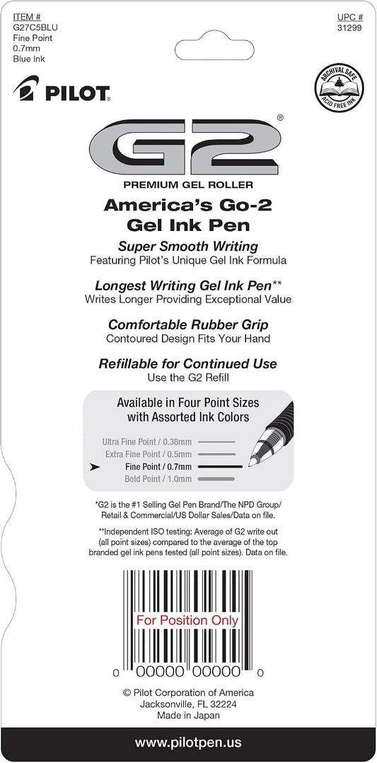 PILOT, G2 Premium Gel Roller Pens, Fine Point 0.7 mm, Blue, Pack of 5