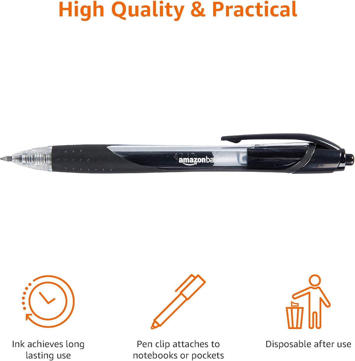 Amazon Basics Retractable Gel Ink Pens for Note-Taking and Office Writing, Fine Point 0.7mm, Smooth Writing, Black, 12-Pack