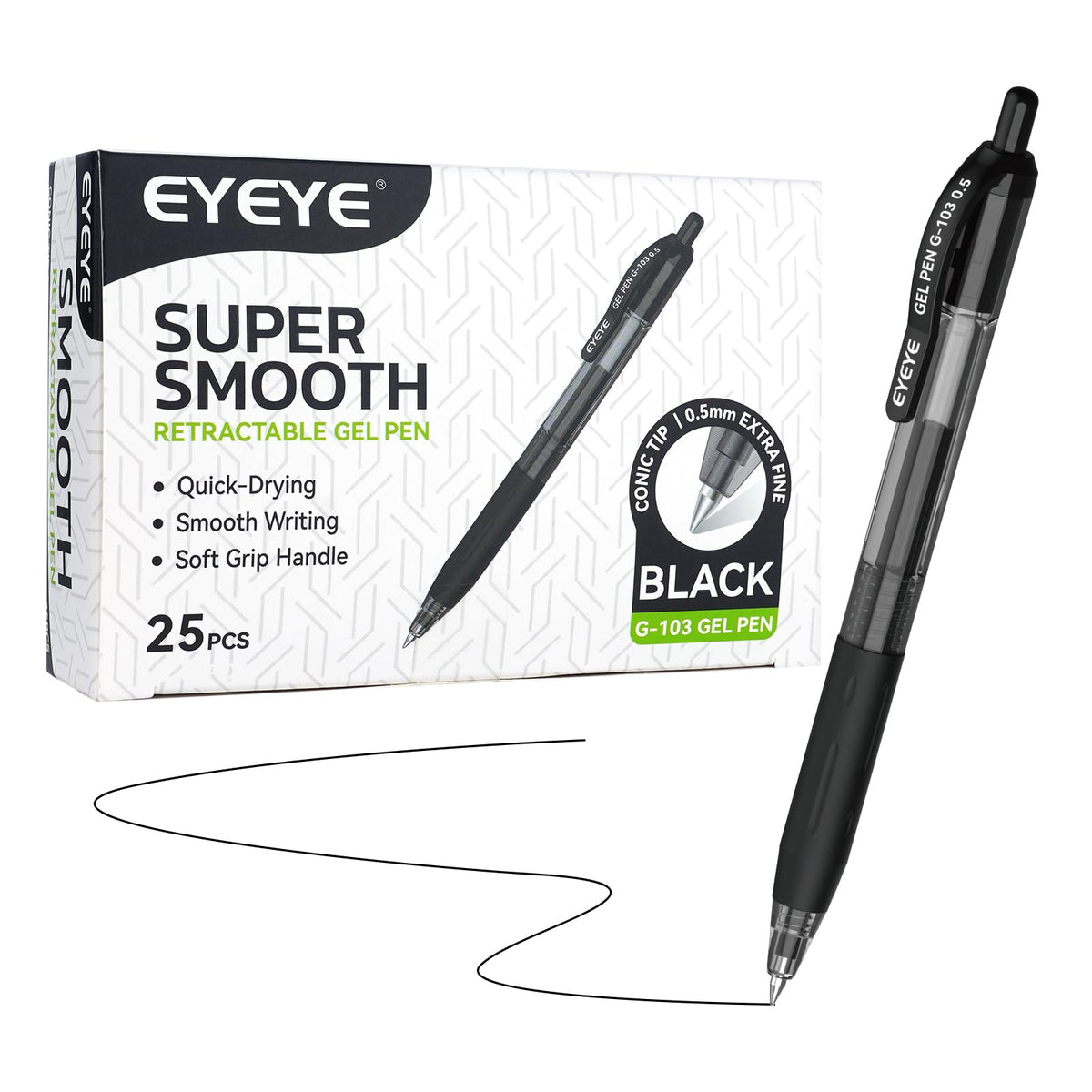 EYEYE G-103 Gel Pens, Black Ink, 0.5mm Extra Fine Point, Pack of 50