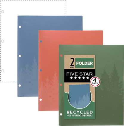 Five Star 2 Pocket Folders, Recycled Plastic Folders, Fits 3-Ring Binder, Holds 8.5" x 11" Paper, Assorted Colors, 4 Pack (33002)