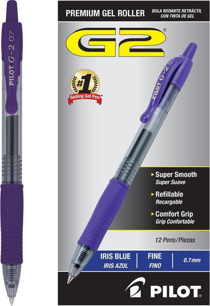 PILOT G2 Premium Gel Pens, Fine Point 0.7mm, Iris Blue Ink, 12-Pack