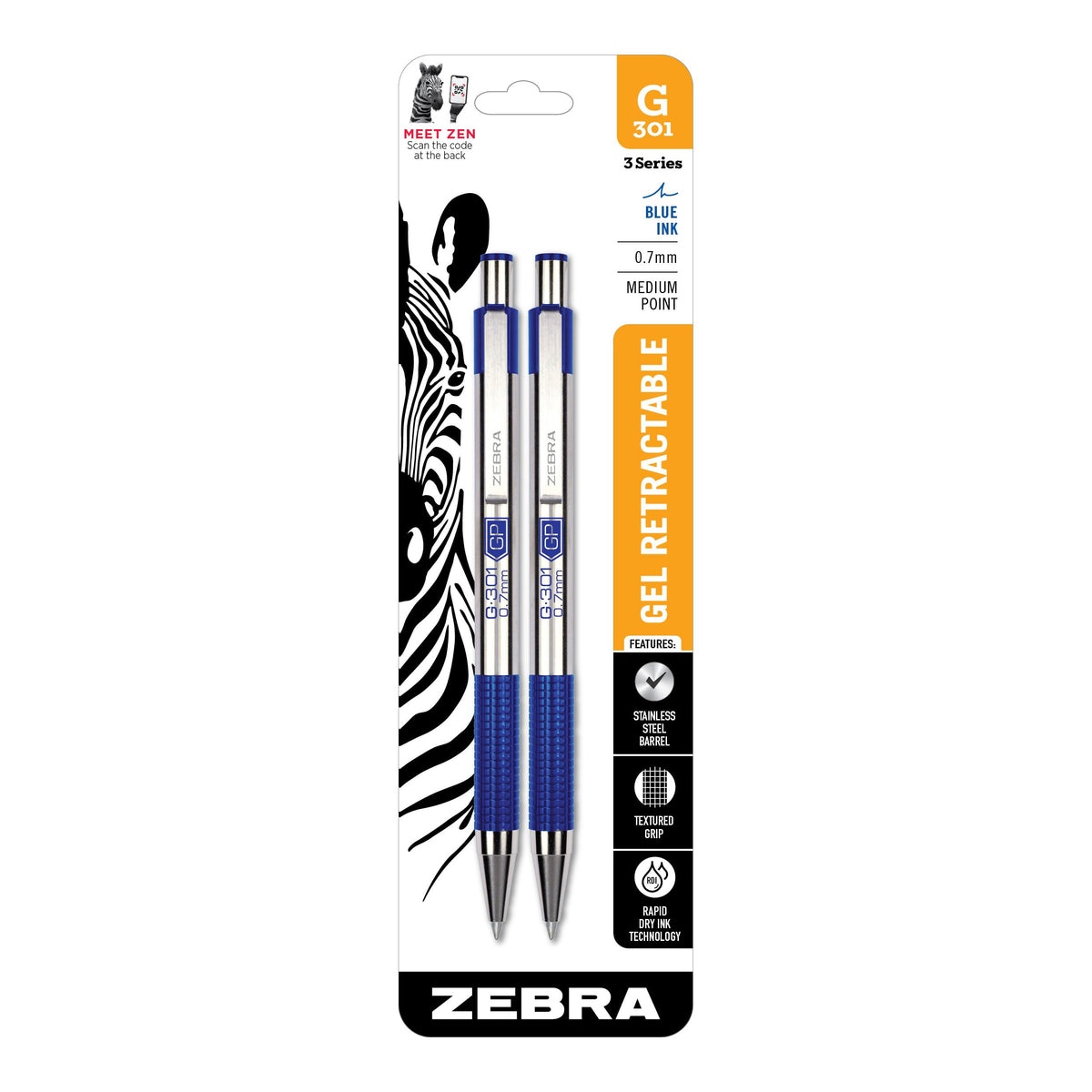 Zebra Pen STEEL G-301 Retractable Gel Pen, Black Ink, 0.7mm, 12-Pack