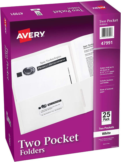 Avery® Two Pocket Folders, Holds up to 40 Sheets, Business Card Slot, 25 White Folders (47991)