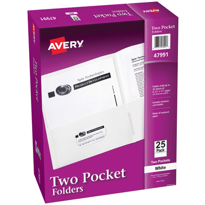 Avery® Two Pocket Folders, Holds up to 40 Sheets, Business Card Slot, 25 White Folders (47991)