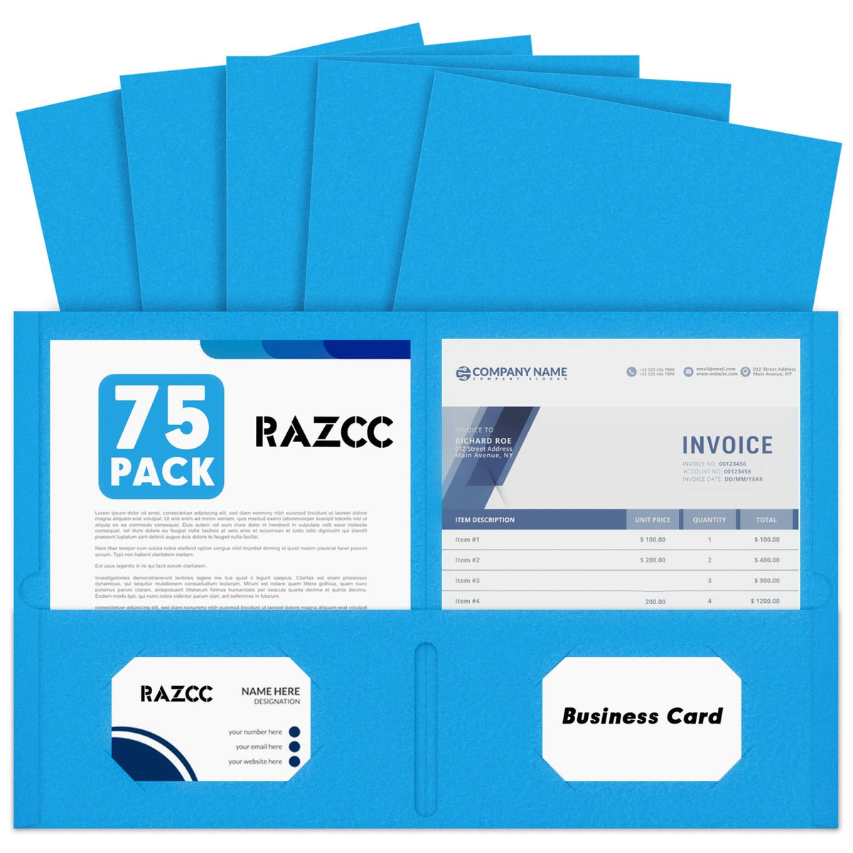 RAZCC Two Pocket Folders, 75 Pack, Letter Size, Black Folders with Pockets