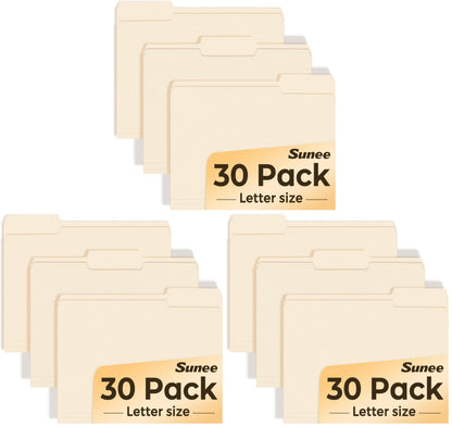 SUNEE File Folders, 30 Pack Manilla Folders 8.5 x 11, 1/3 Cut Tab for Easy Labeling and Organization, Durable Standard Paper for Home, Office, School Filing