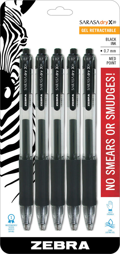 Zebra Pen SARASA X20 Retractable Gel Pen, Black Ink, 0.7mm, 12-Pack