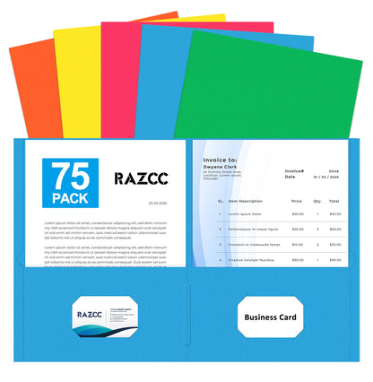 RAZCC Two Pocket Folders, 75 Pack, Letter Size, Black Folders with Pockets
