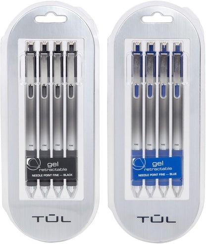 TUL Retractable Gel Pens 0.5mm Needle Point Fine, Black/Blue Bundle (2 4-packs)
