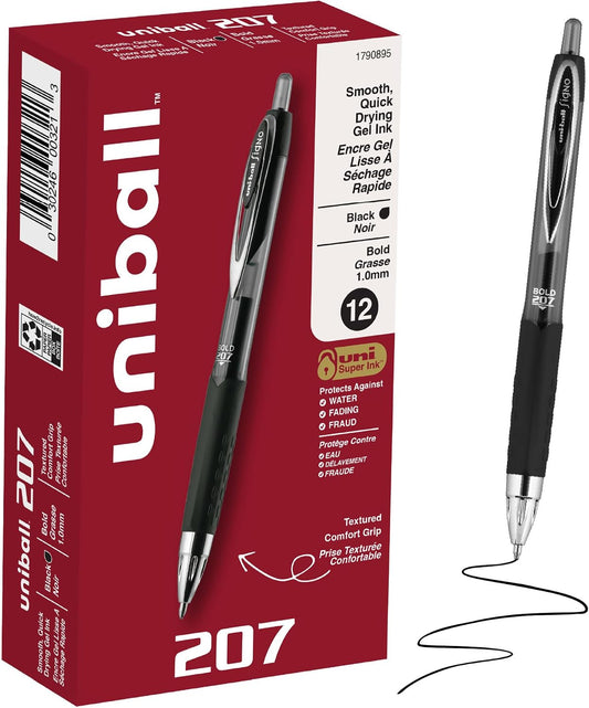 uniball™ 207 Gel Pens, Black Ink, 1.0mm Bold Point, Retractable, 12 Count