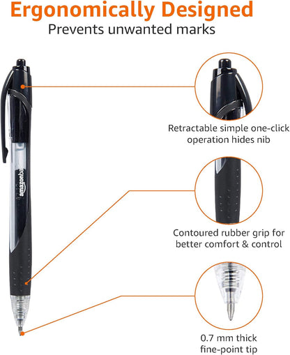 Amazon Basics Retractable Gel Ink Pens for Note-Taking and Office Writing, Fine Point 0.7mm, Smooth Writing, Black, 12-Pack