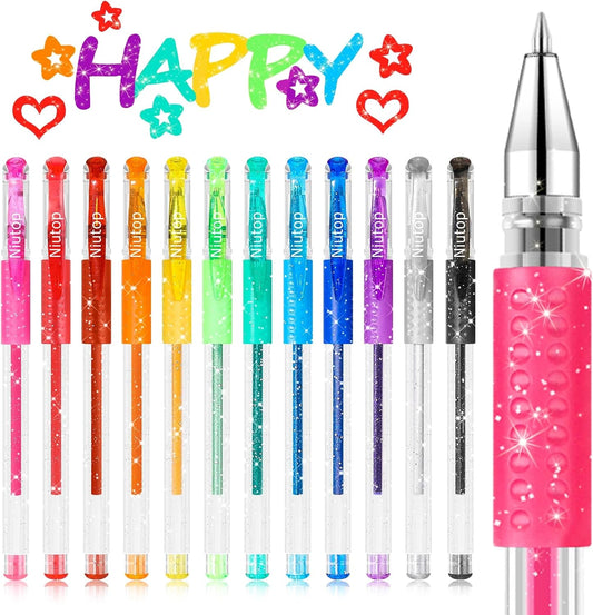 Niutop Coloured Pen Stocking Stuffers for Adult, 12-Color Scented Glitter Gel Pens,Coloring Markers Colored Pen Set, Drawing pens Joumaling Supplies Fun Stationary, Gel Roller Pens, Halloween Gifts