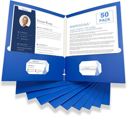BIBRADAA® 50 Packs Blue Paper Folders with Pockets,Paper Folder Surface with Waterproofing,Letter Size,Holds 100 Plus Sheets,for School,Office,Business.(50, Dark Blue)