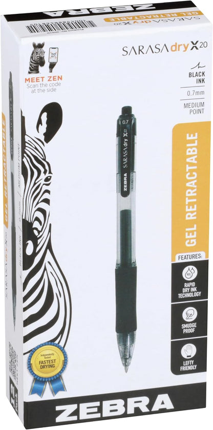 Zebra Pen SARASA X20 Retractable Gel Pen, Black Ink, 0.7mm, 12-Pack