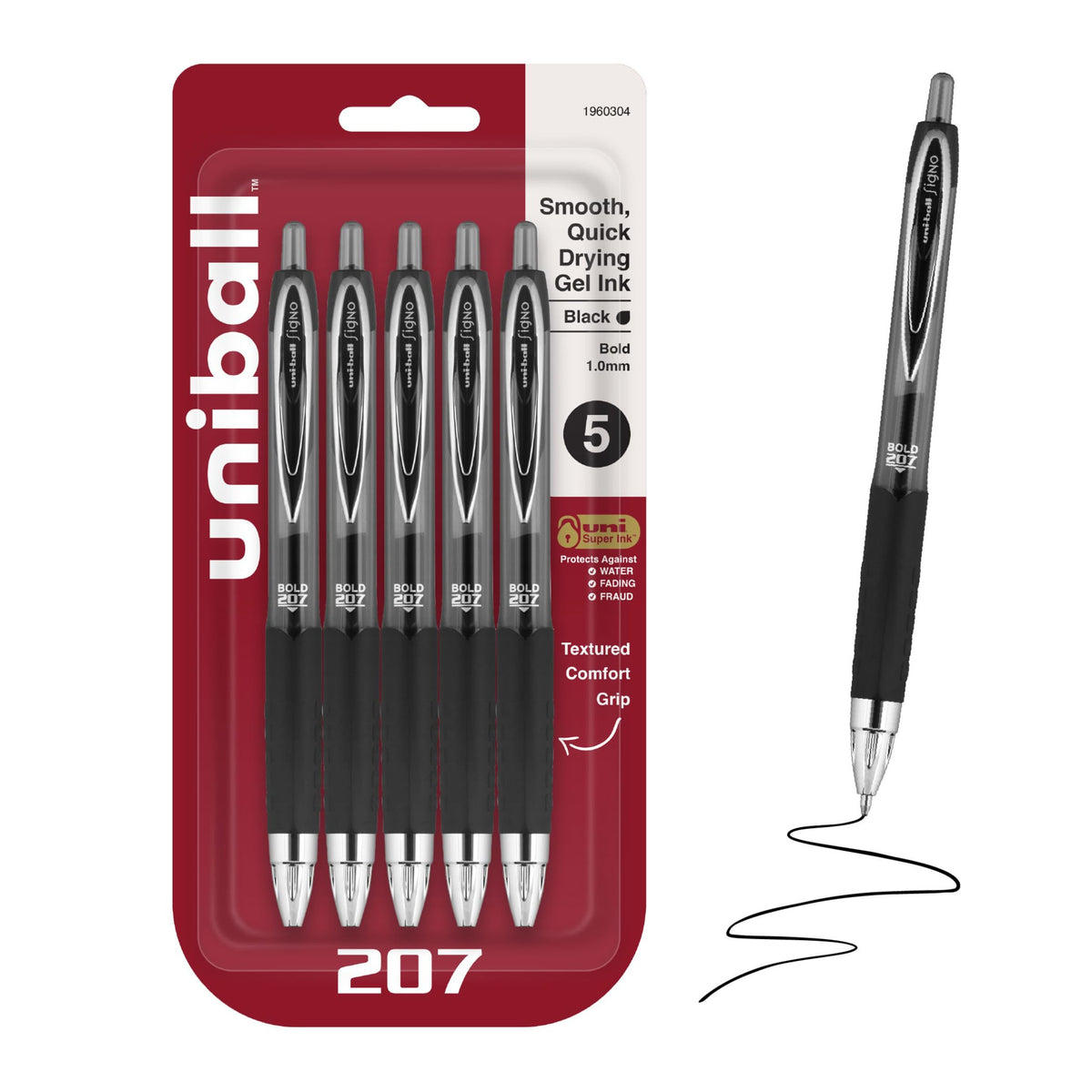 uniball™ 207 Gel Pens, Black Ink, 1.0mm Bold Point, Retractable, 12 Count