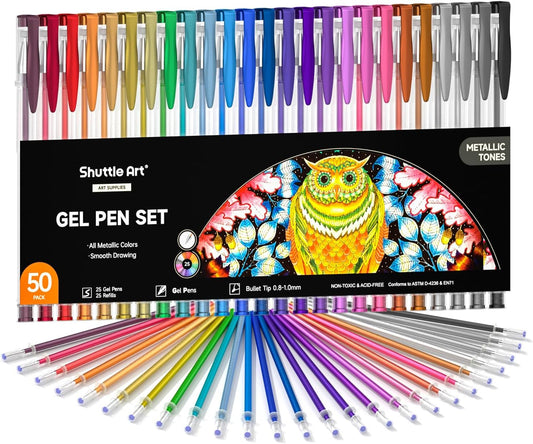 Shuttle Art 50 Pack Metallic Gel Pens, 25 Metallic Gel Pens Set with 25 Refills Perfect for Adult Coloring Books Doodling Drawing Art Markers