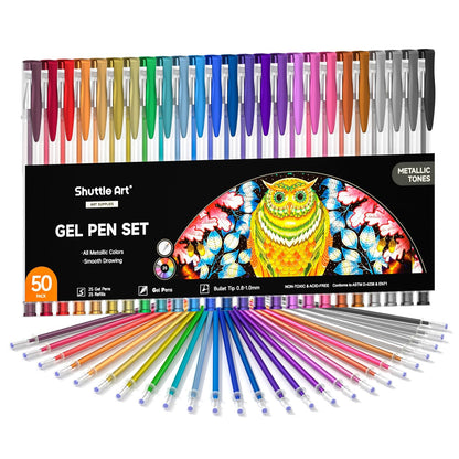 Shuttle Art 50 Pack Metallic Gel Pens, 25 Metallic Gel Pens Set with 25 Refills Perfect for Adult Coloring Books Doodling Drawing Art Markers