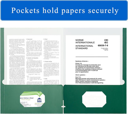 Zzrywuty File folders with Pockets,Green Two folders for documents,50 Pack Paper Folders with Card Slot,Letter Size,School Students,Business,Home and Office Workers