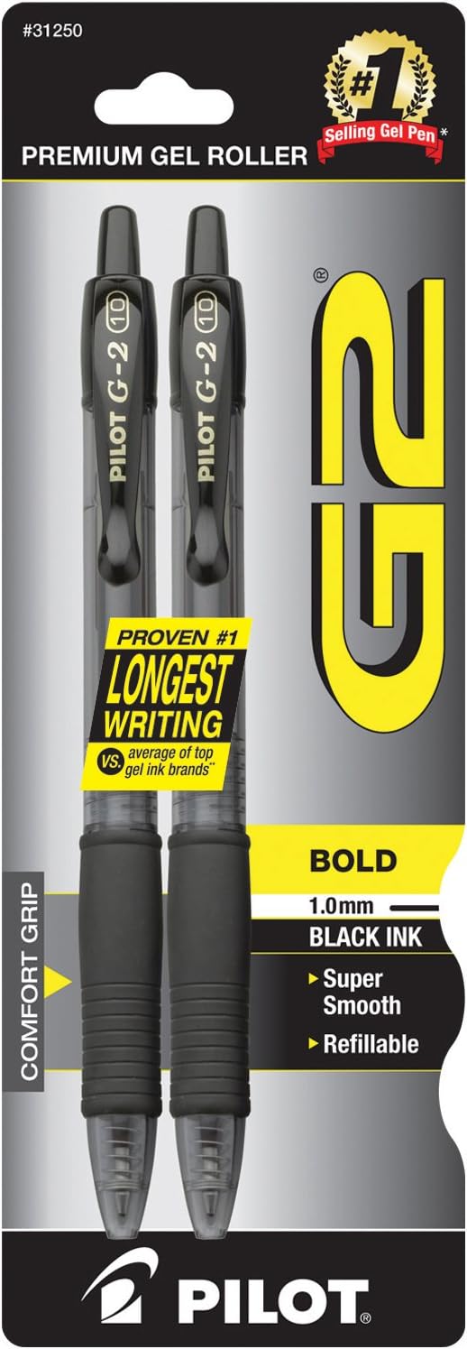 PILOT, G2 Premium Gel Roller Pens, Bold Point 1 mm, Pack of 2, Black
