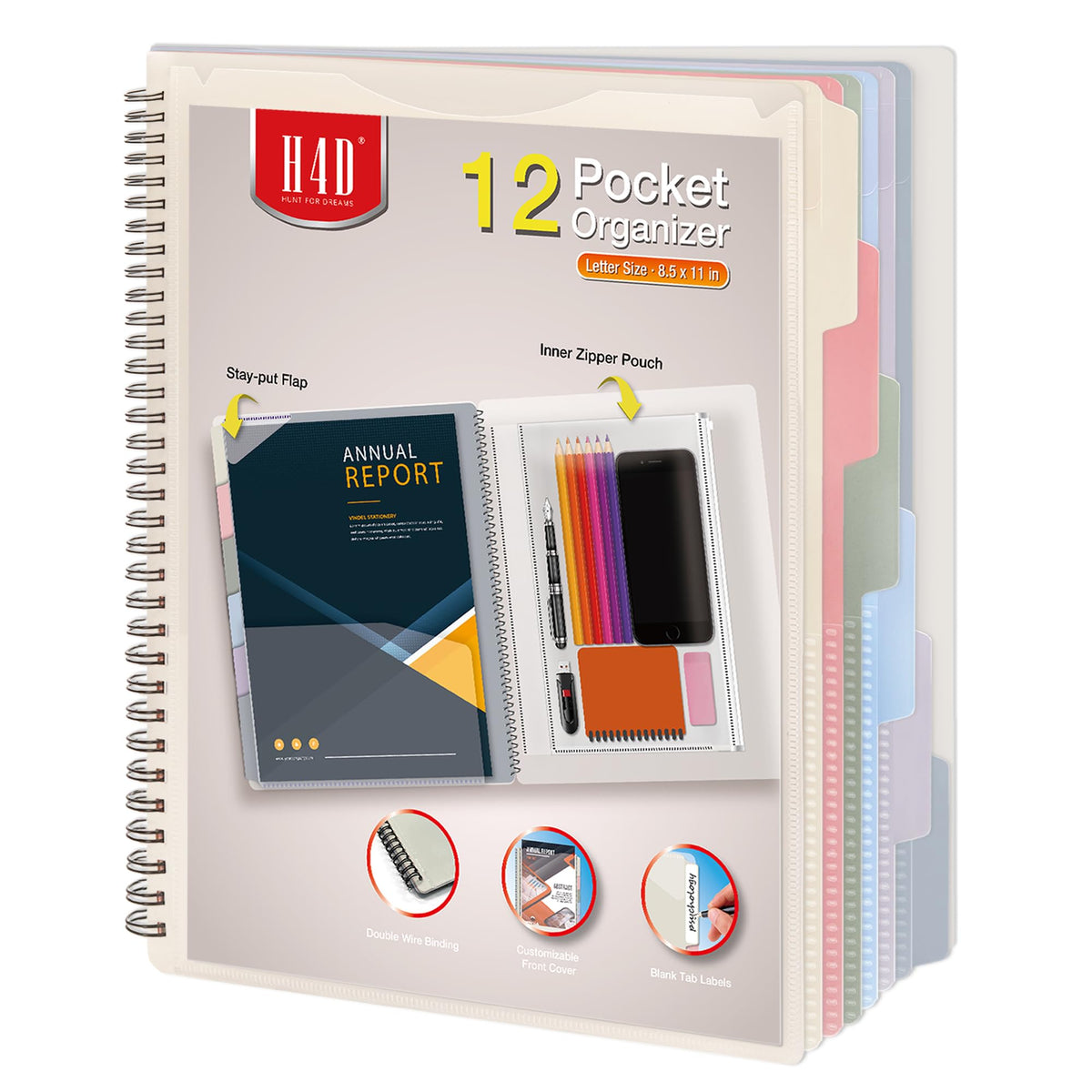 H4D 12 Pocket Poly Project Organizer, Multi Pocket Folder, Pastel Colors