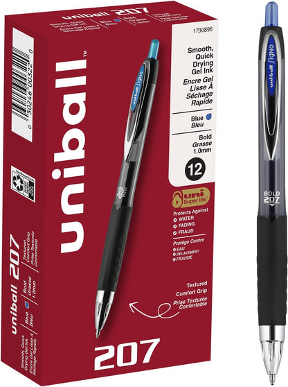 uniball™ 207 Gel Pens, Blue Ink, 1.0mm Bold Point, Retractable, 12 Count